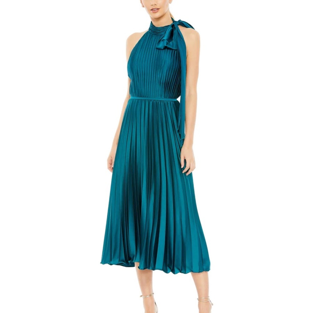 (155) BNWT MAC DUGGAL PLEATED HIGH NECK KITTEN BOW MIDI DRESS #26909